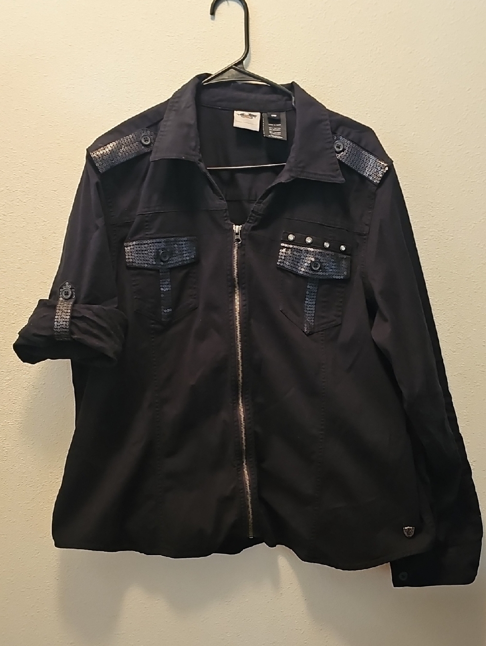 Harley-Davidson Black and Sequin Zip Up Military Style Dress Shirt